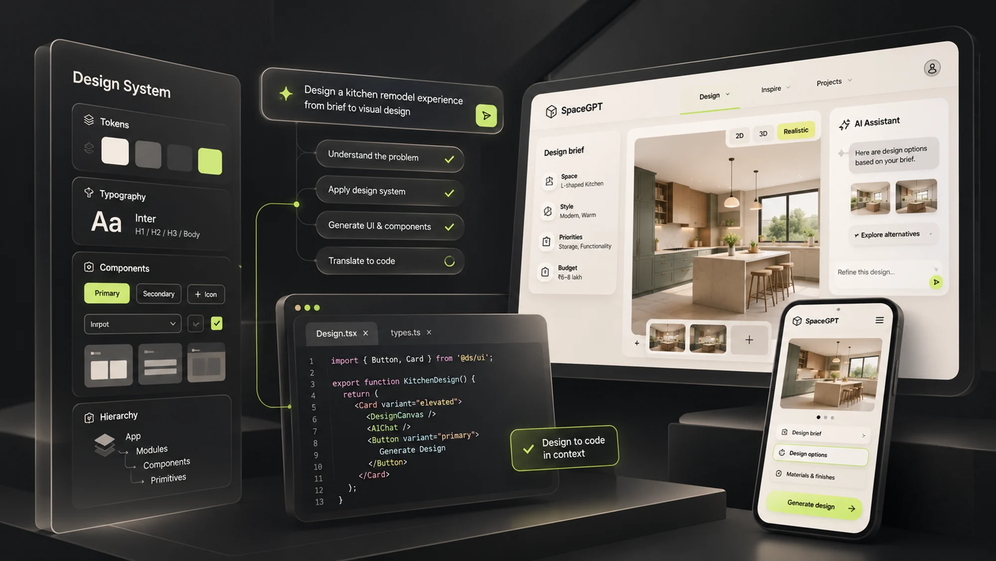 Design-system tokens and components feeding an AI-assisted coding workflow that produces a working kitchen-design interface on desktop and mobile.