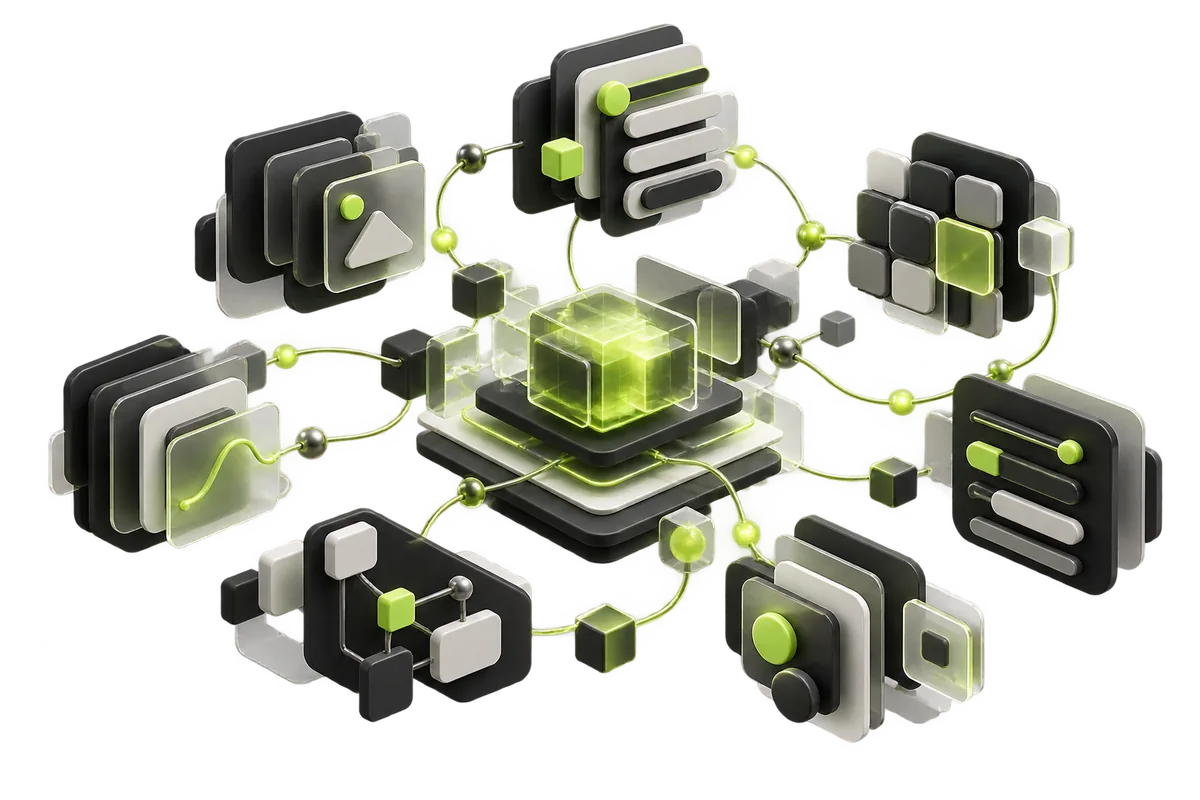 3D illustration of an AI-powered design system: a glowing central core connected to a network of interface panels and controls.