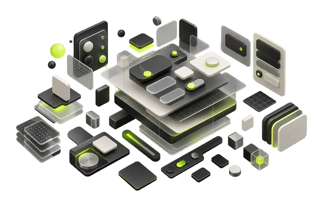 Exploded 3D view of a design system — toggles, cards, buttons and layers arranged in an isometric stack.