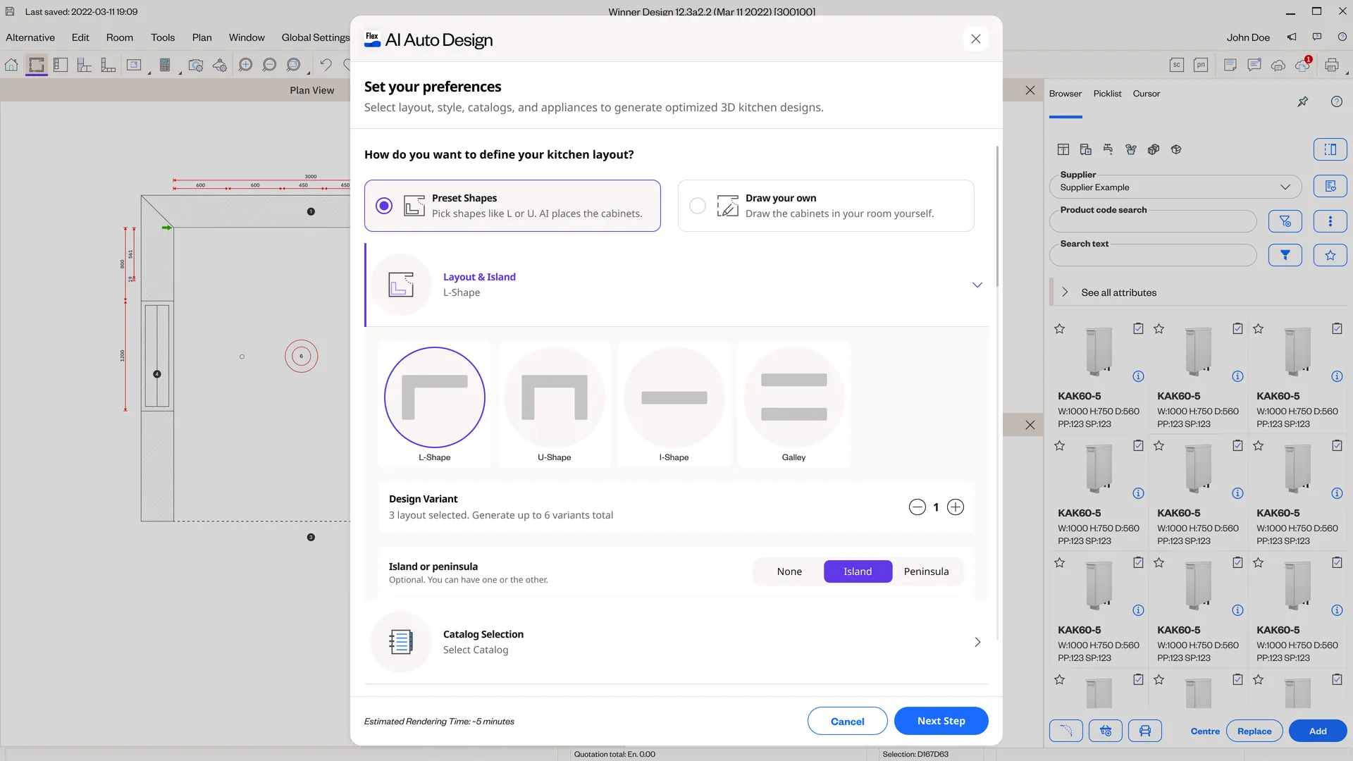 AI Auto Design 'Set your preferences' screen asking how to define the kitchen layout, with Preset Shapes and Draw-your-own options, layout shapes and island settings.