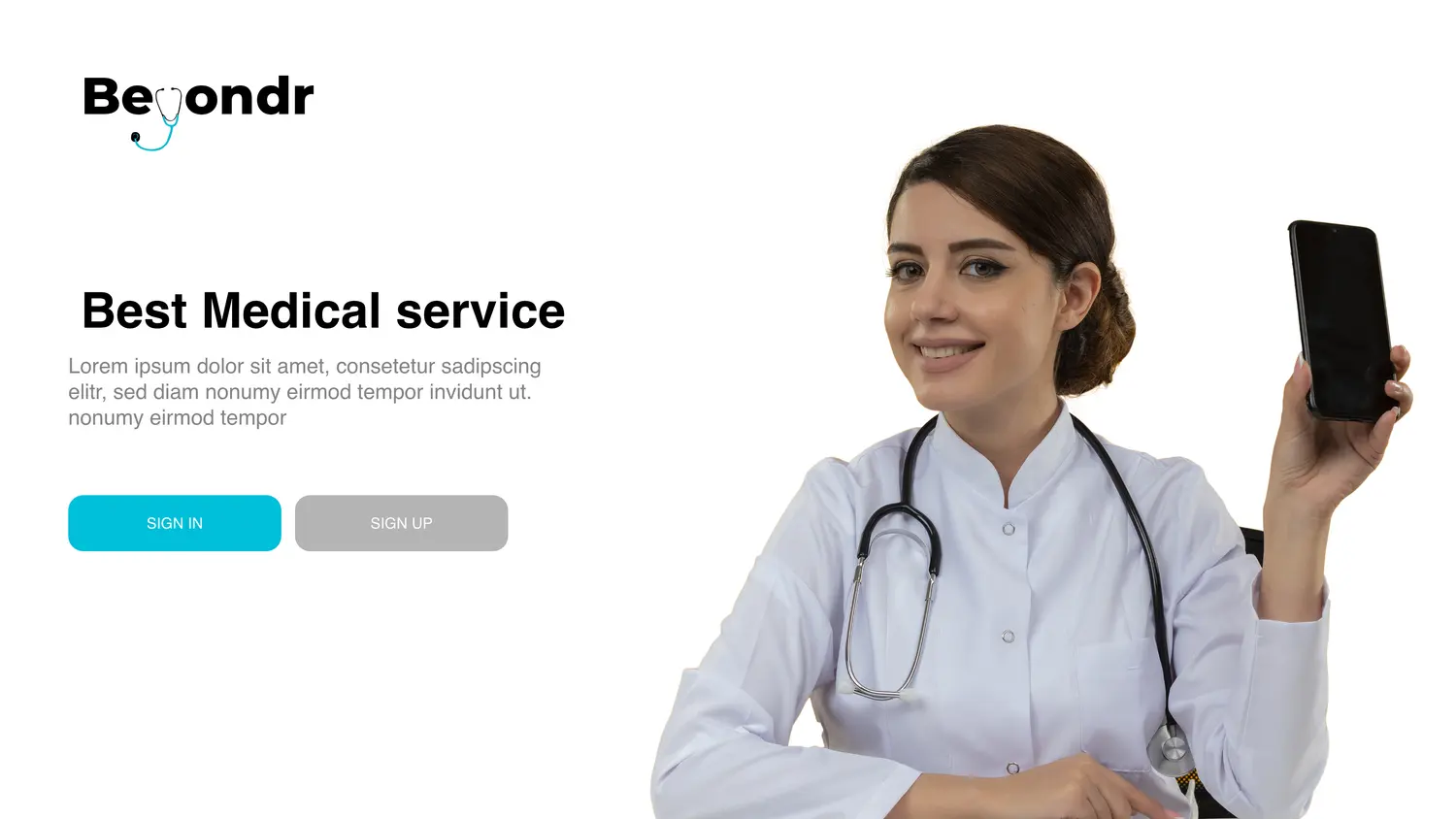 The Beyondr landing page: a “Best Medical service” hero with a doctor holding a phone and sign-in / sign-up actions.