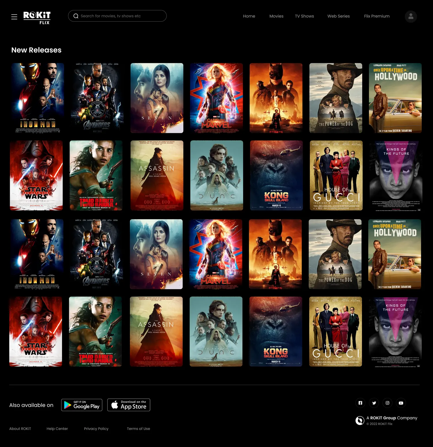 The ROKiT Flix web app: a poster grid of new releases across movies and shows.