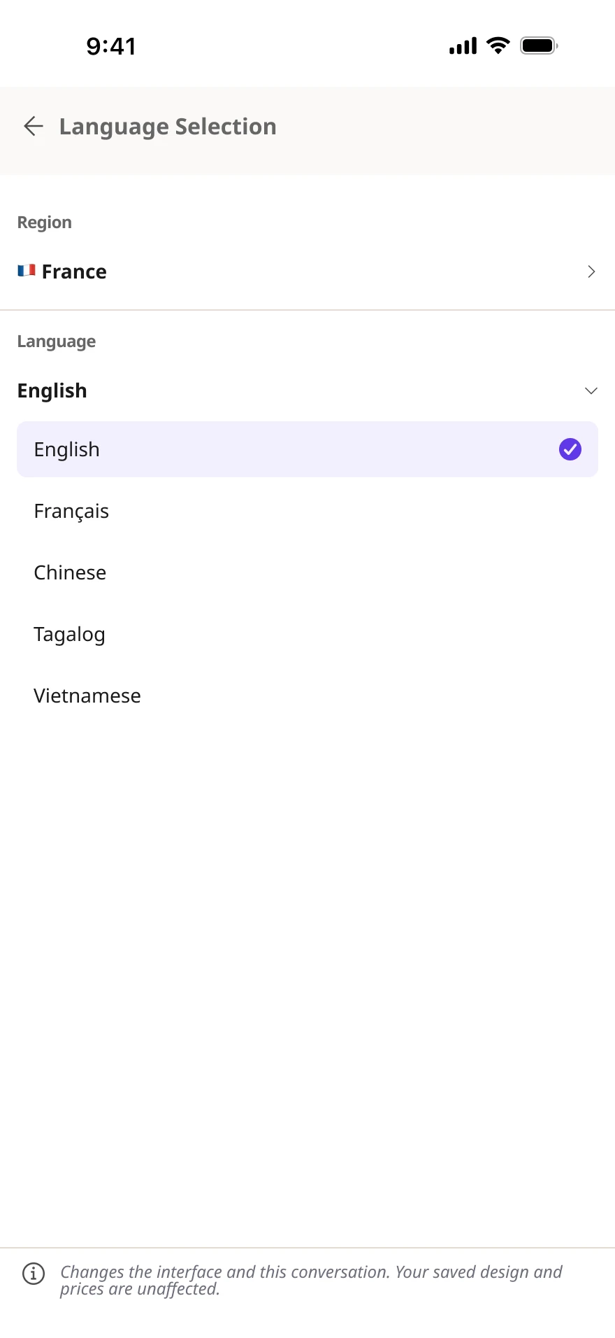 Language list — English, Français, Chinese, Tagalog, Vietnamese.
