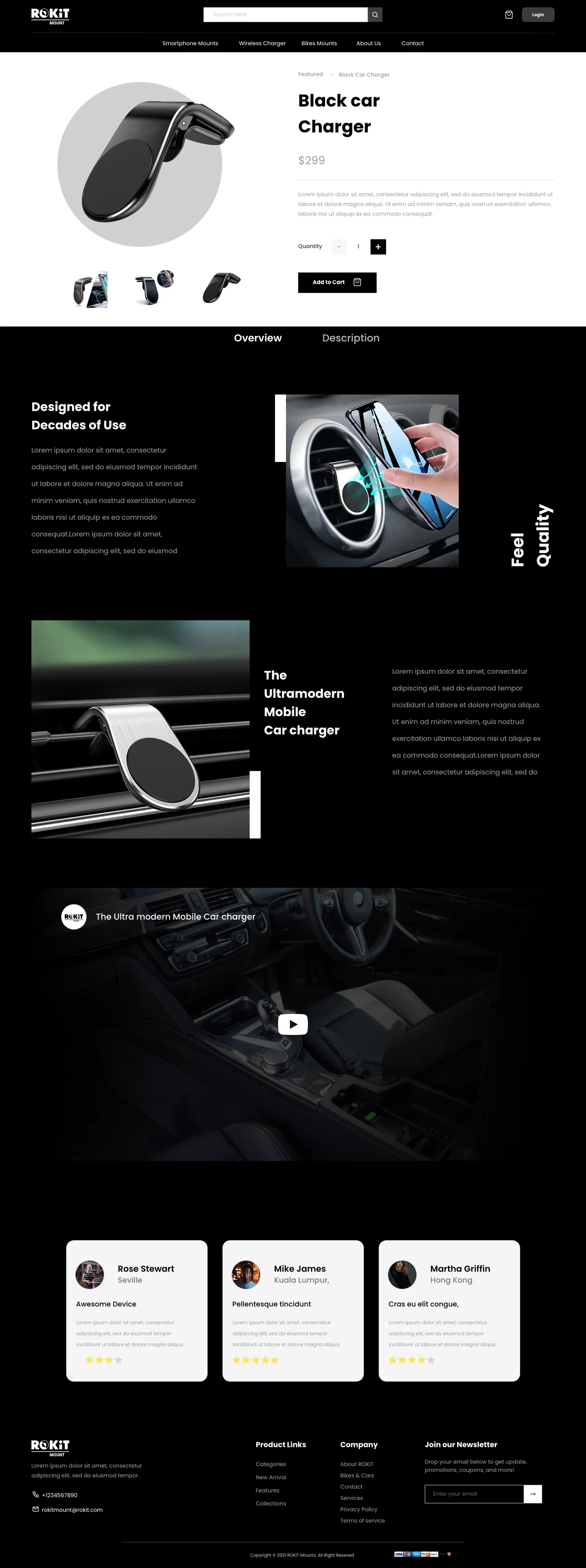 The ROKiT Mount store: a car charger product page with pricing and variants.