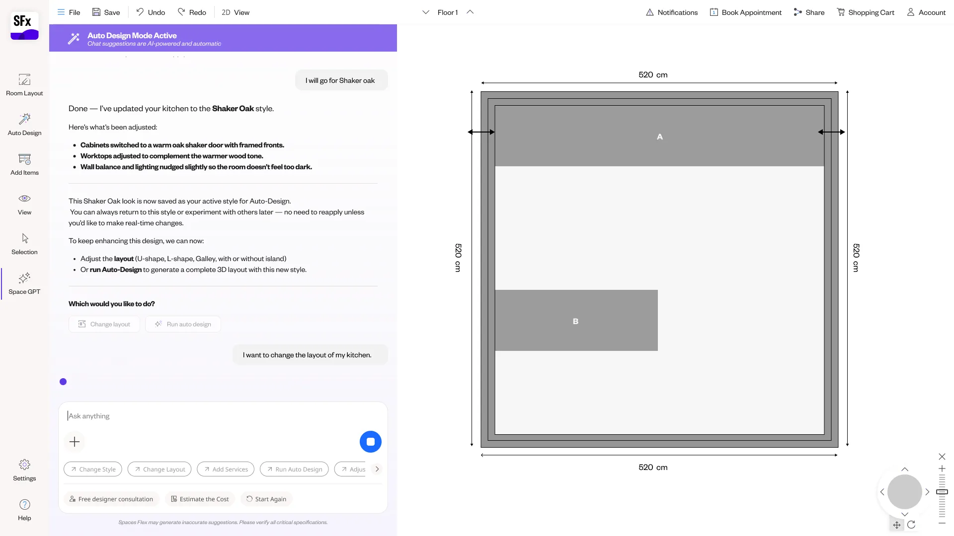 A top-down room-layout view with the walls drawn as a floor plan, and the conversation guiding the shape.