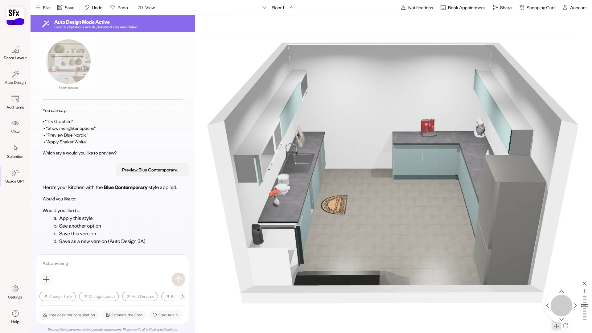 A rendered bathroom design in the planner with fixtures and tiling.