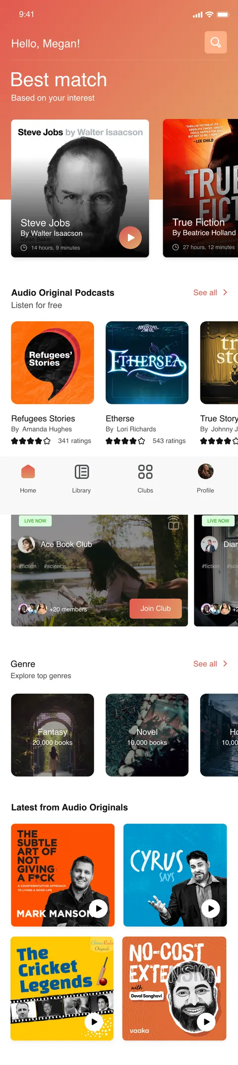 The audio app home: “Hello, Megan! Best match based on your interest” with audiobook covers.
