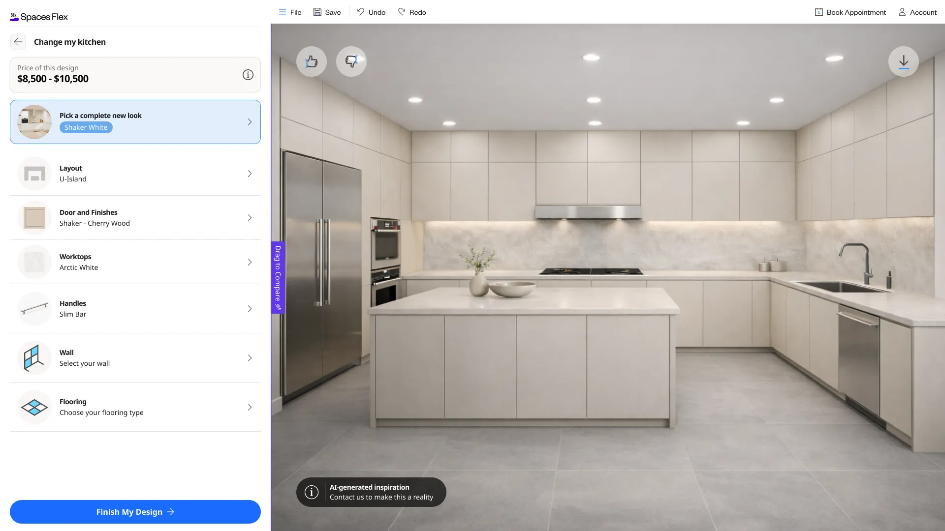Leap's Dynamic Configuration System on desktop: a catalog panel of real material swatches on the left and a live kitchen render on the right, reconfiguring as finishes are picked.