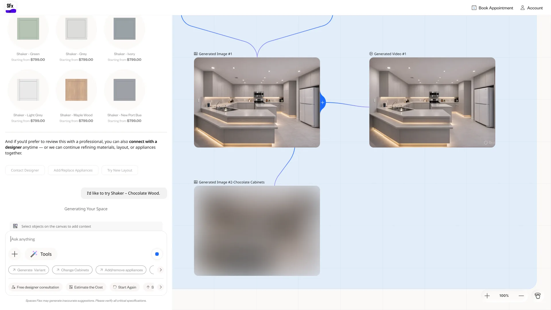 A freeform canvas with connected nodes — Generated Image #1 and Generated Video #1 side by side, a second image generating below, linked by curved lines, with catalog material swatches and a conversation on the left.