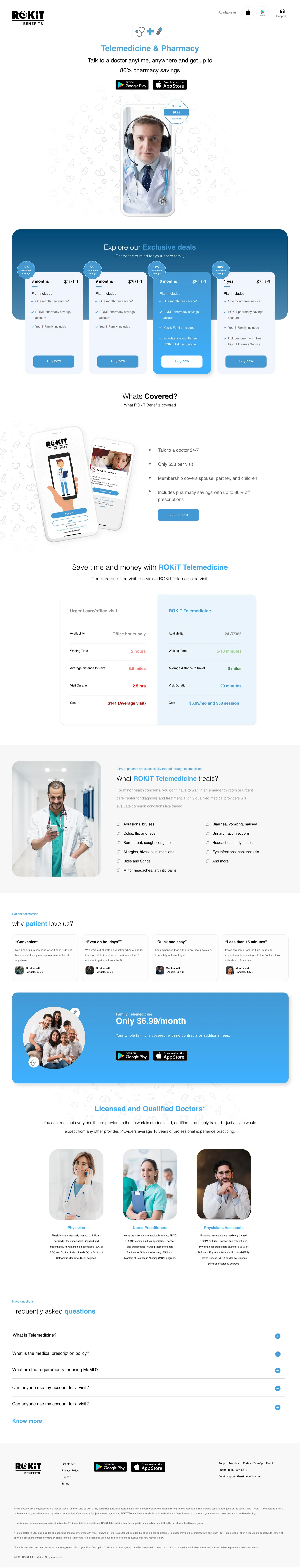 The ROKiT Benefits landing: “Telemedicine & Pharmacy — talk to a doctor anytime” with app badges and tiered plan cards.
