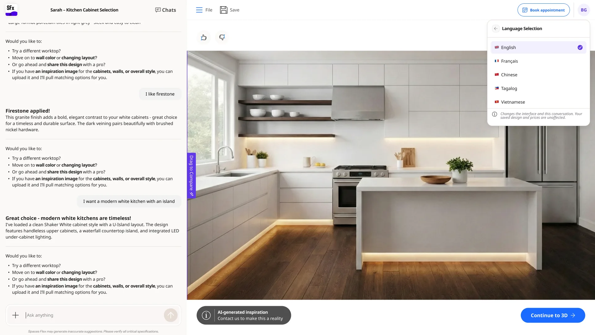 A language selector panel on the desktop showroom.
