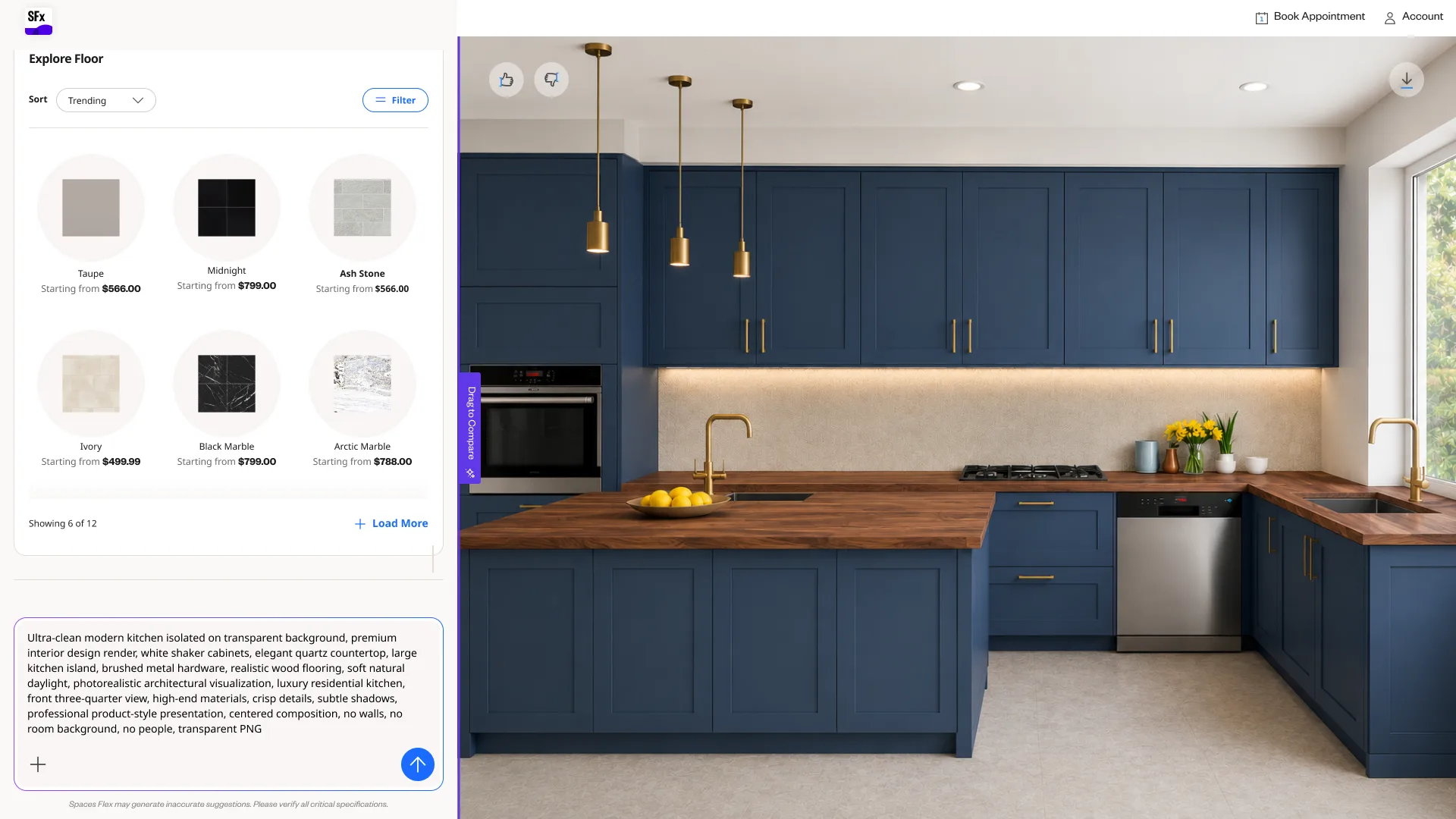 Navy and wood kitchen render.