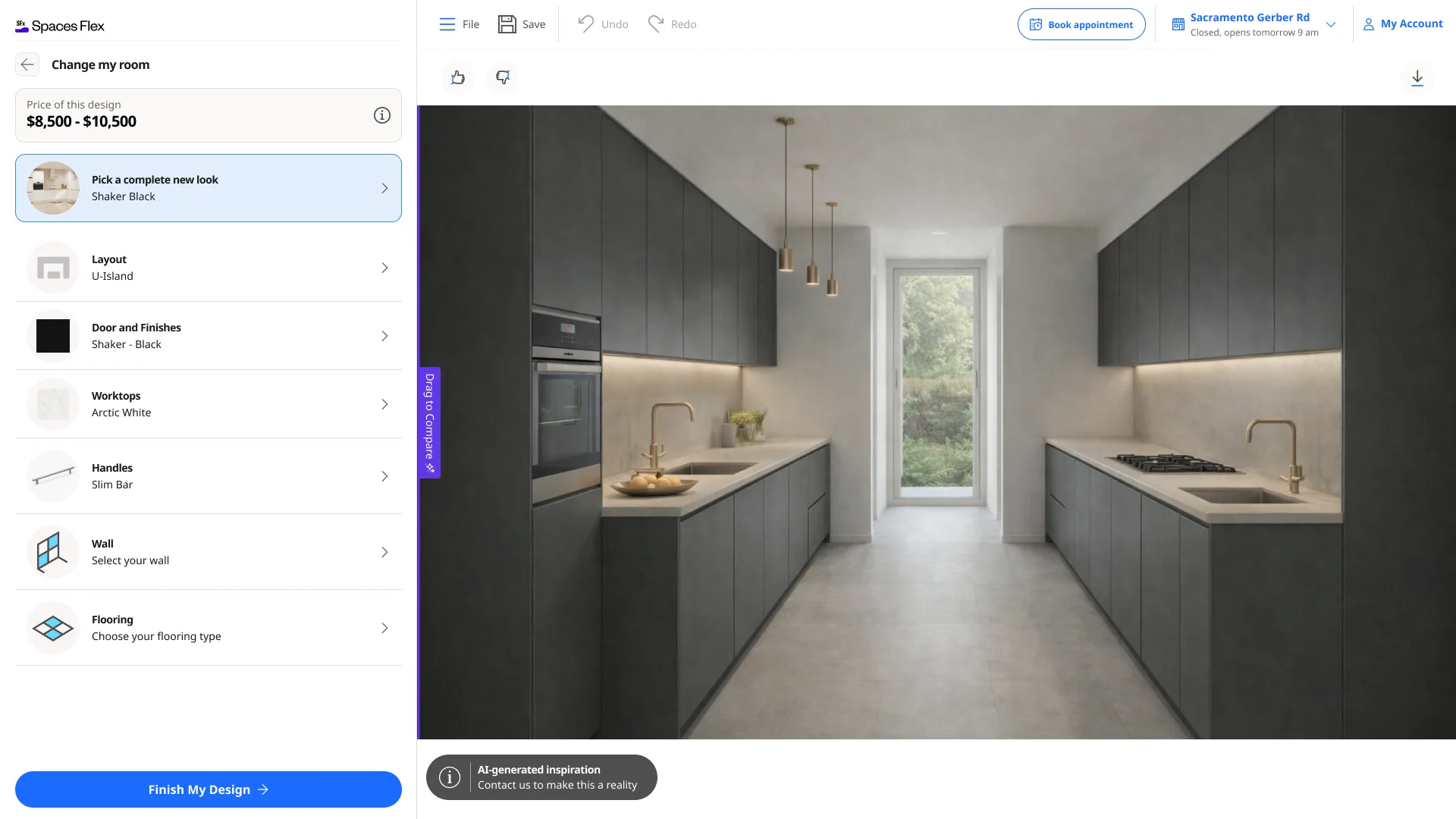 The configurator after a store is chosen: the selected store and its opening status appear in the top bar next to Book appointment.