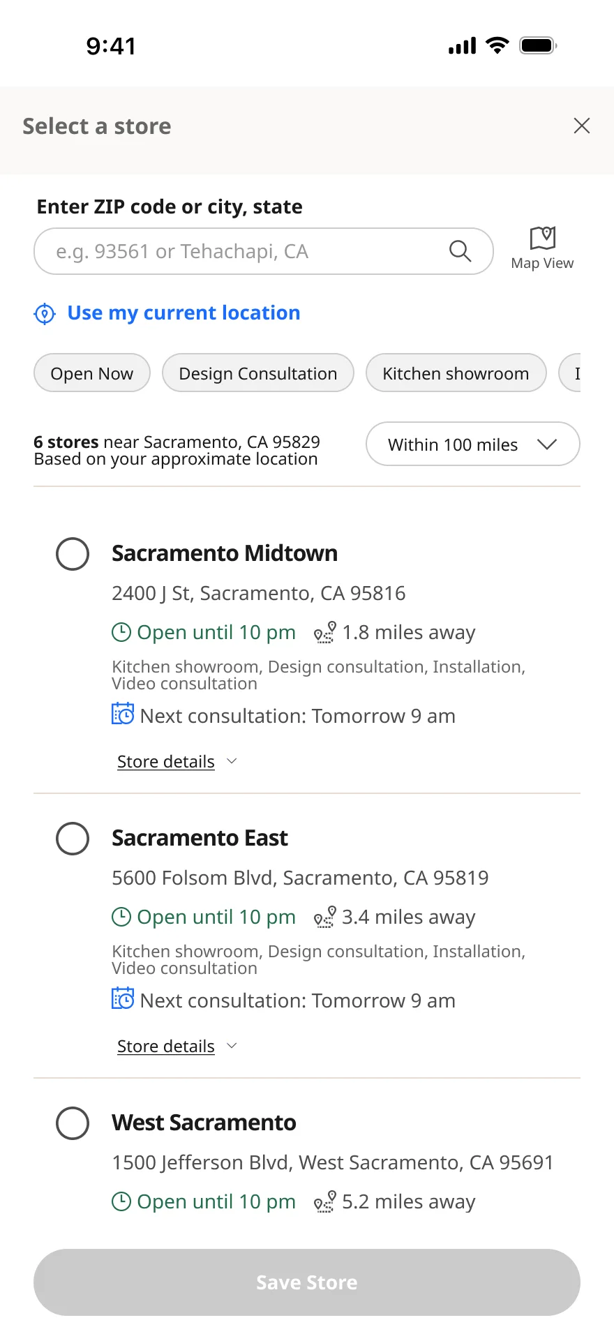 The mobile store sheet with search, filters and a list of nearby stores.