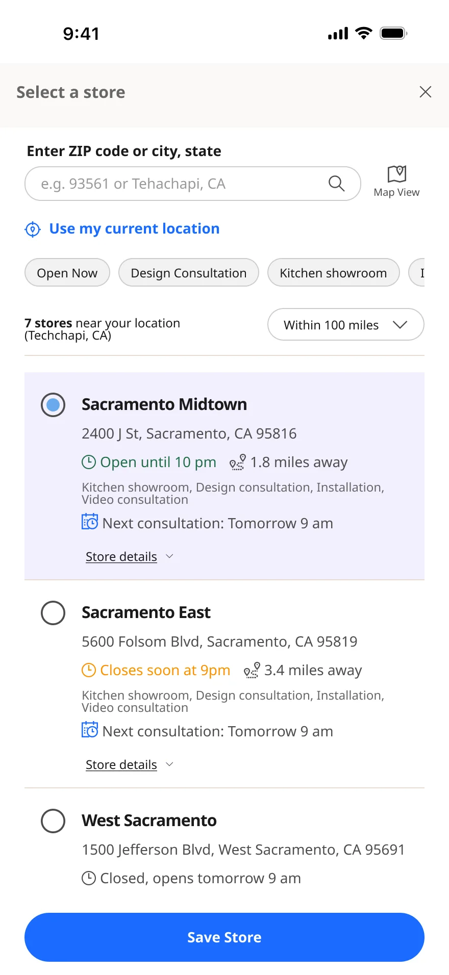 A store selected on mobile with the Save Store action active.